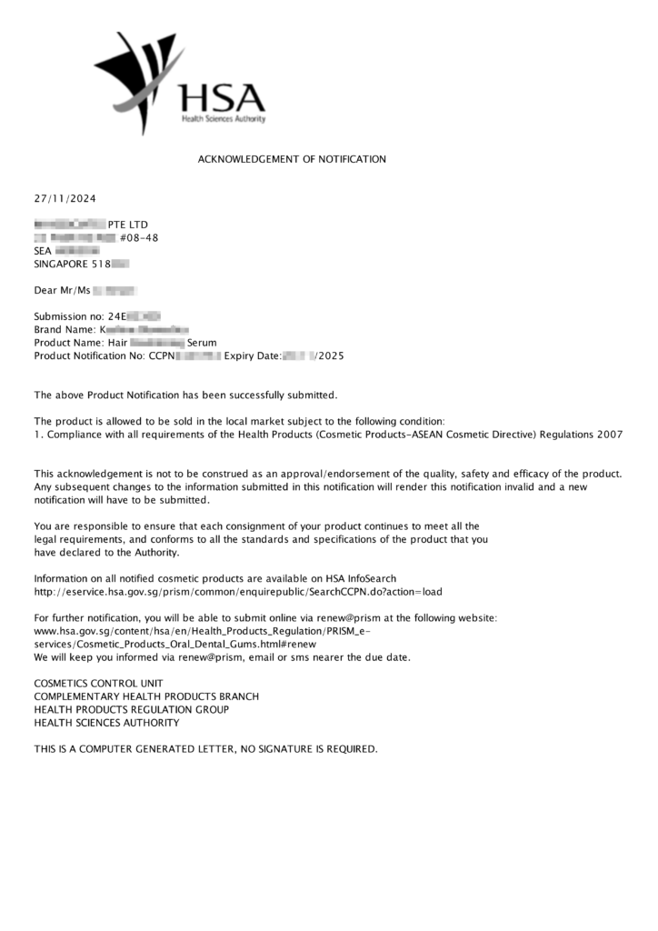 Singapore Cosmetic Registration