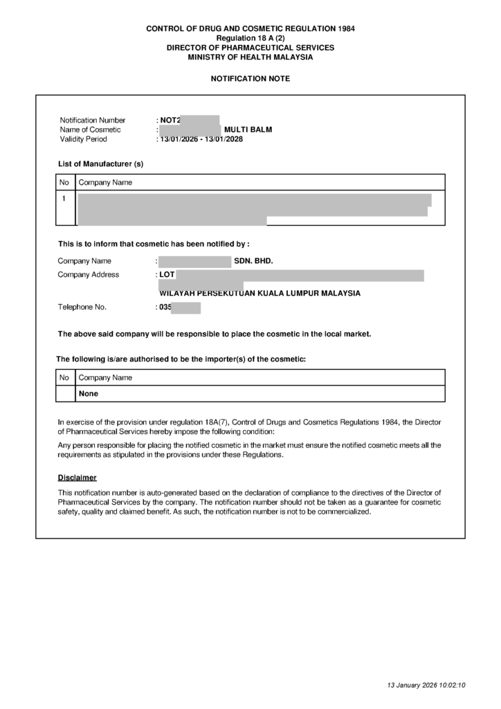 Malaysia Cosmetic Registration