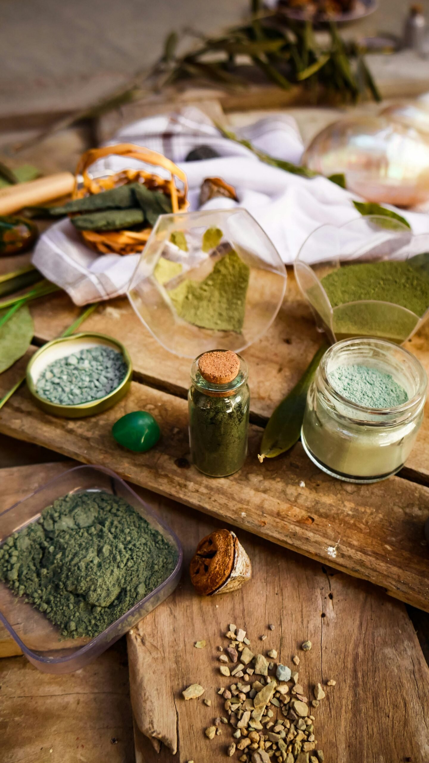 A collection of green herbal powders and natural ingredients displayed on wooden surface, highlighting organic textures.