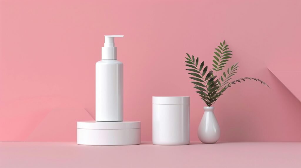 White cosmetic containers and small vase on a pink background showcasing modern design and simplicity.