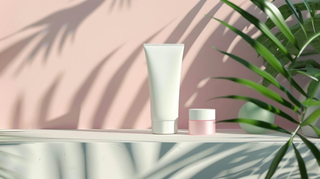 Modern minimalist cosmetic setup with natural shadows creating an elegant feel.